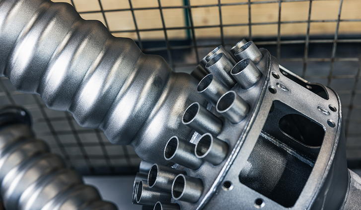 Nahaufnahme eines glänzenden, komplexen Metallteils mit mehreren Düsen und gewellten Rohren vor einem Drahtgitterhintergrund.